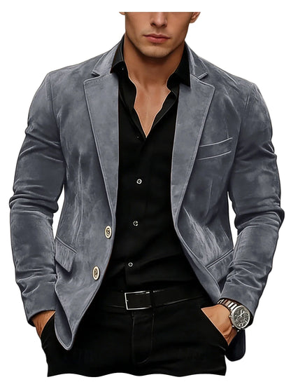 Men Suede Blazer Two Buttons Slim Fit Casual Formal Jacket Wedding Party Dinner Gentleman Sport Coat