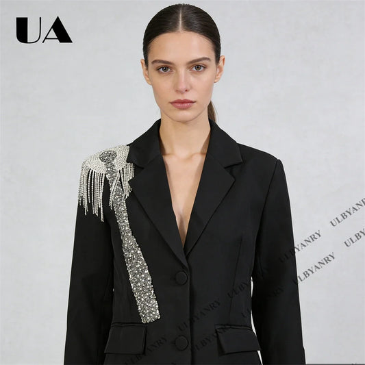 Women’s Black Blazer with Silver Crystal Fringe Detail, One Button Suit Jacket for Party Wedding Evening Gown