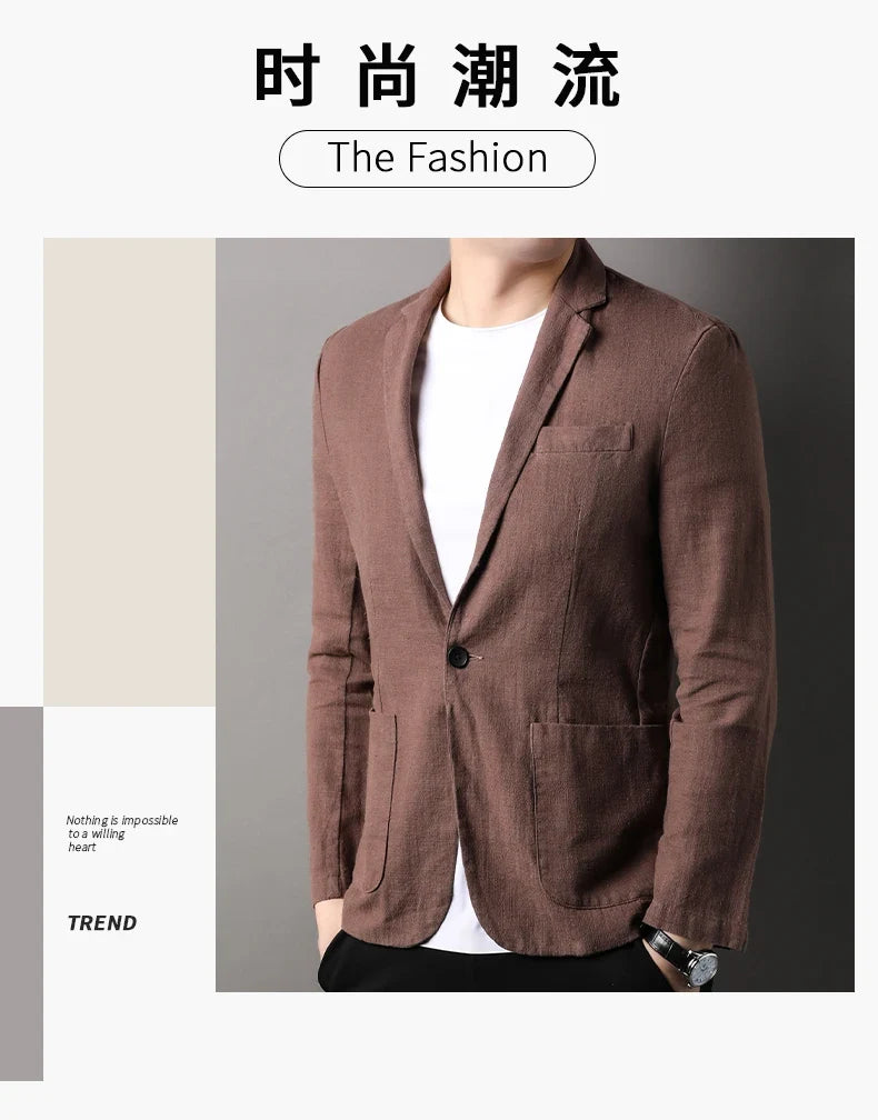 Spring and Summer New High Quality Men's Linen Suit Fashion Handsome Slim-fit All-in-one Trend Men's Coat 70% Ramie 30% Cotton
