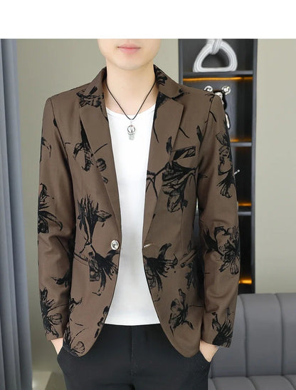 Blazer Men's Fashion Gentleman Business Outdoor Travel Print Wedding Slim-fit Korean Trend Handsome Youth Casual Blazer