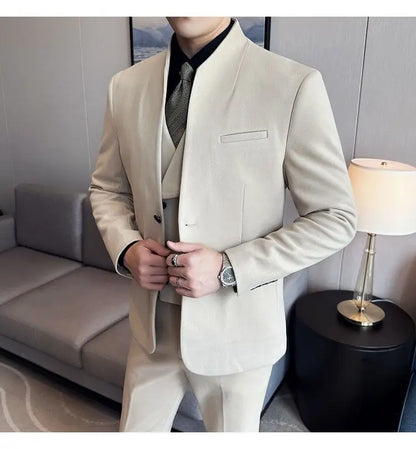 Men's 3-Piece Slim Fit Stand Collar Suit – Wedding, Prom & Office Formal Set