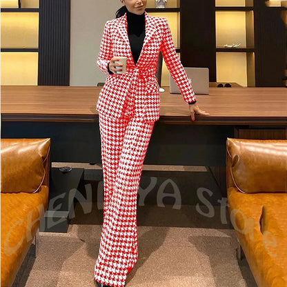 New Houndstooth Suit Two Pieces Regular Fitted Straight Peaked Lapel Fashion Jacket with Blazer Elegant Lady Sets Customized