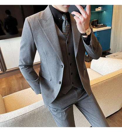 (Blazer + Vest + Trousers) 2024 New Men Formal Business Solid Suit 3 Pieces Set Italian Style Luxury Wedding Social Party Tuxedo