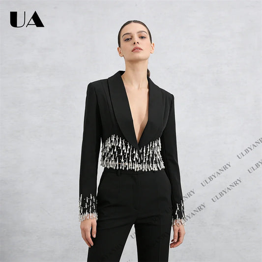 2026 Spring Black Cropped Tuxedo Blazer with Crystal Fringe Trim for Gala Dinner Dramatic Bold Suit Jacket Prom Party