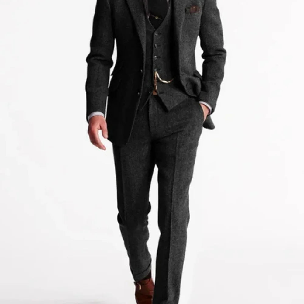 3 Piece Grey/Brown Mens Tweed Herringbone Slim Fit Wedding Suits Prom Tuxedos Notch Lapel Blazer for Business(Blazer+Vest+Pants)