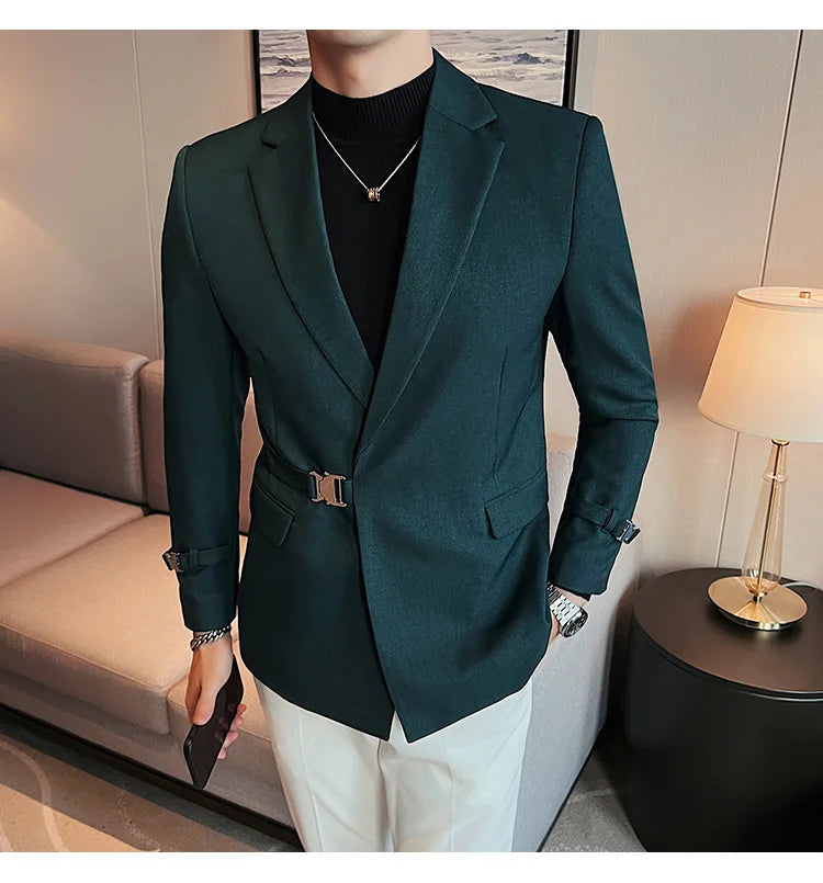 Men's Slim Fit Blazer Metal Buckle Decoration Smart Casual Wedding Party Jacket