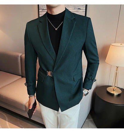 Men's Slim Fit Blazer Metal Buckle Decoration Smart Casual Wedding Party Jacket