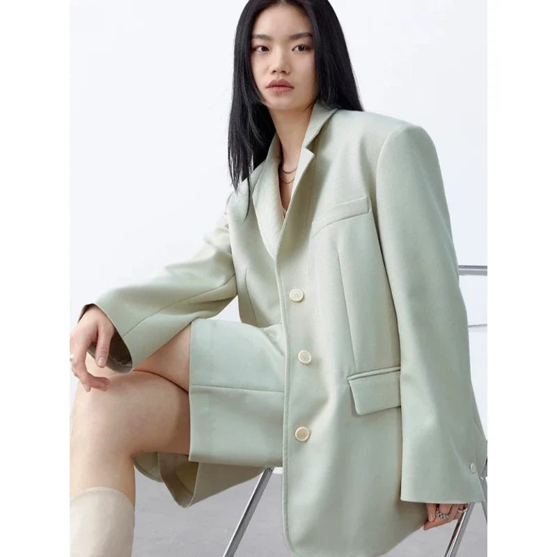Fashion Women Woolen Blazers Solid Loose Casual Single-breasted Twill Suit Coat Office Ladies Jacket Spring Summer 2026