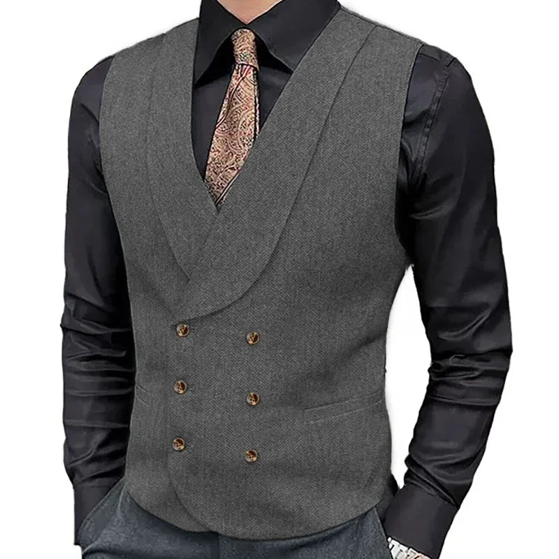Men's Herringbone Double-Breasted Vest with Lapel – Brown Suit Waistcoat for Wedding & Formal Occasions