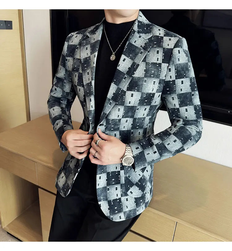 New High Qualitys Denim Jacquard Suit Jacket Men Slim Fit Business Social Formal Social Suit Coats Tailcoats Men Clothes 4XL-M