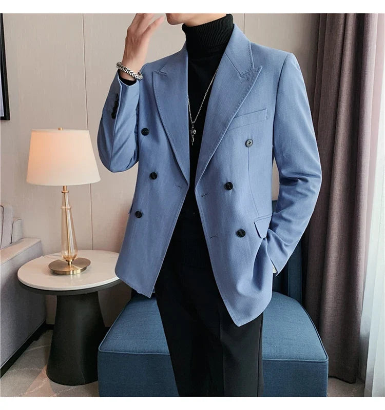 High Quality Double Breasted Suit Jacket Men Striped Casual Business Blazer Slim Fit Wedding Groom Office Social Dress Coat