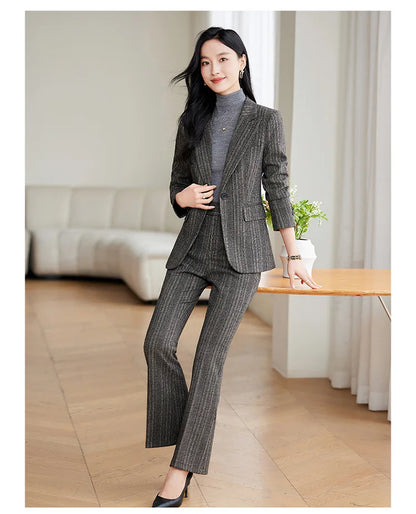 Gray Coffee Striped Ladies Formal Pant Suit Set Women Female Business Work Wear Long Sleeve 2 Piece Blazer Jacket And Trouser