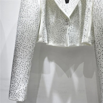 Women Short Blazer Trend Heavy Diamonds Shoulder Pad Design Niche Stylish Elegant High Street Long Sleeve Suit-Coat HK26338