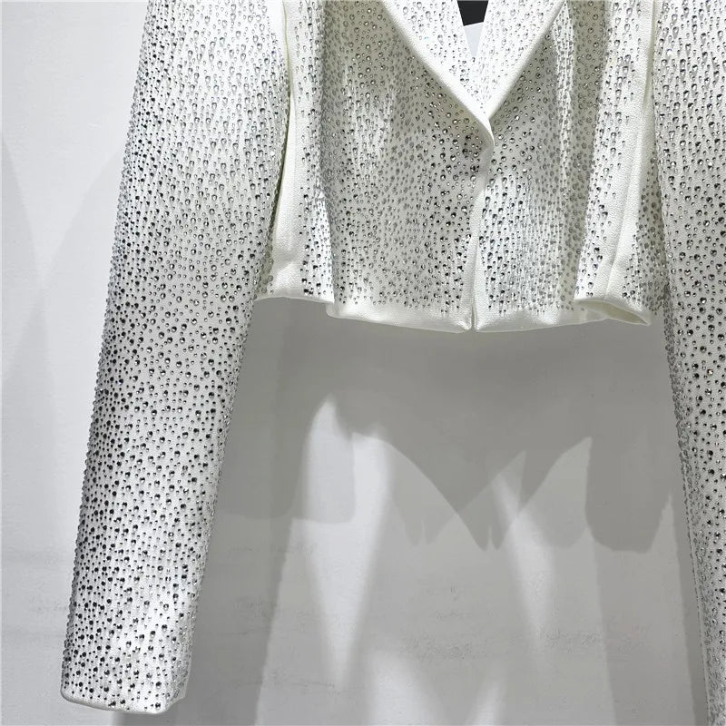 Women Short Blazer Trend Heavy Diamonds Shoulder Pad Design Niche Stylish Elegant High Street Long Sleeve Suit-Coat HK26338