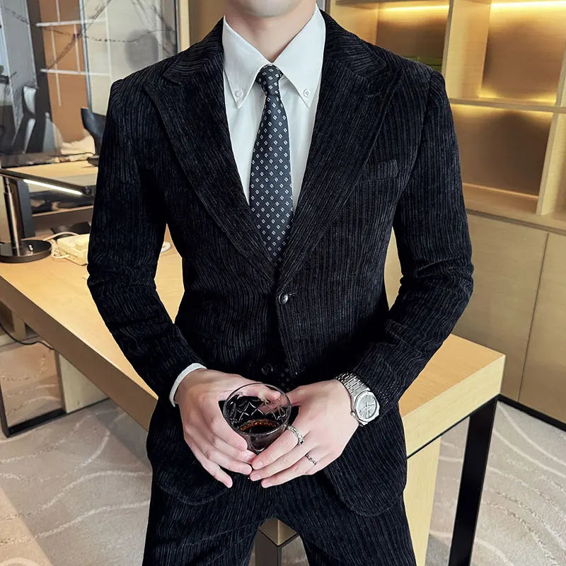 ( Jacket+Pants) Men Corduroy Suit Two-Piece Set High Quality Italian Style Business Suit Luxury Men Formal Wedding Groom Tuxedos