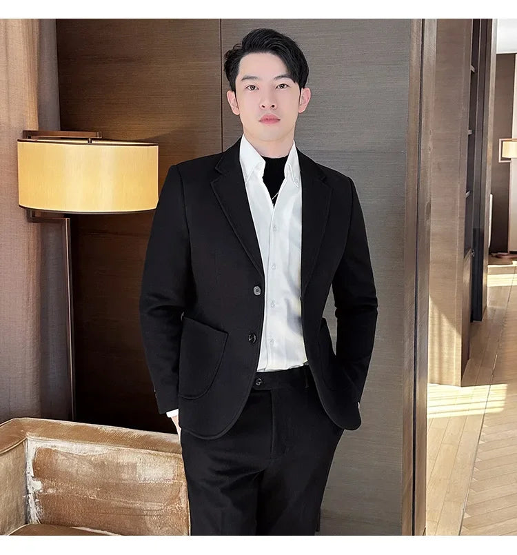 Plus Size 7XL-M ( Jacket+Pant）Autumn Winter Thickened Starry Sky Woolen Suit High Quality Slim Fit Business Social Casual 2 Pcs