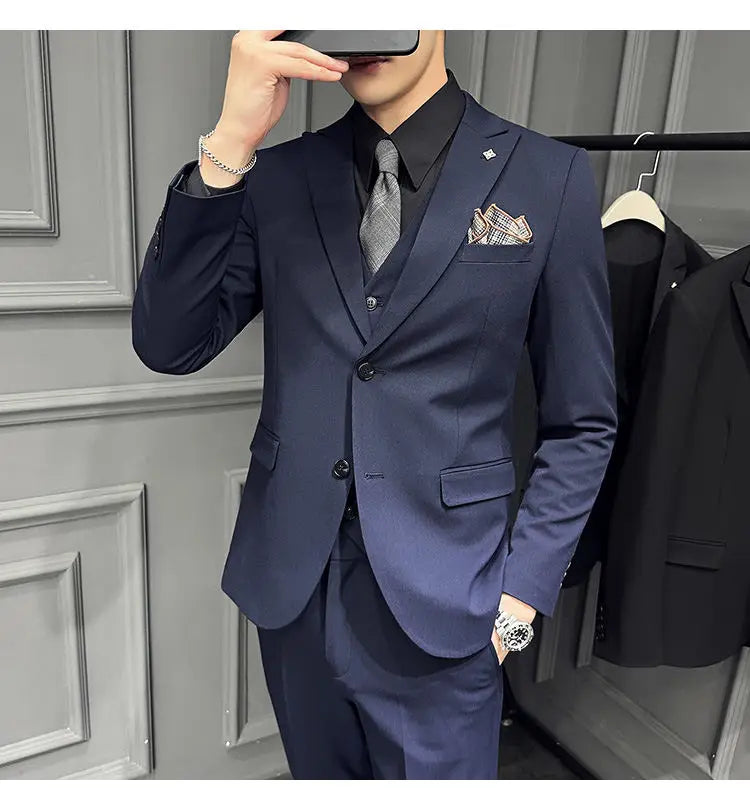 Men's 3 Piece Suit Set Double‑Button Slim Fit Solid Color Business Casual Wedding Party Jacket Vest Pants Formal Outfit for Men
