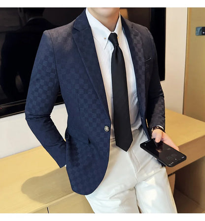 2024 Spring Plaid Blazers Men Single Breasted Casual Business Suit Jacket Fashion Slim Social Banquet Wedding Groom Dress Coats