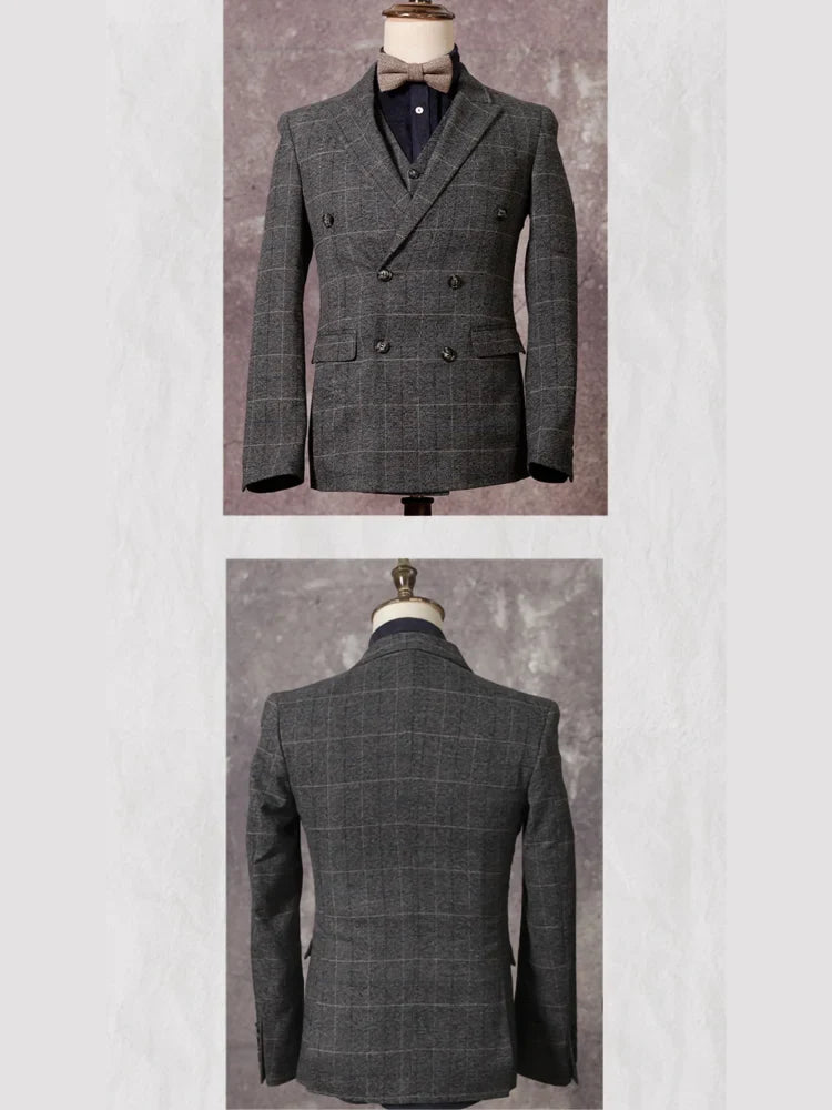 Retro British Style Double Breasted Suit Jacket Men's Checkered Business Formal Suit Wedding Professional Suit