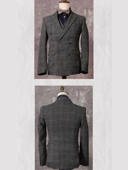 Retro British Style Double Breasted Suit Jacket Men's Checkered Business Formal Suit Wedding Professional Suit