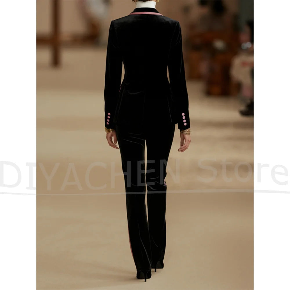 Women's Black Velvet Suit with Pink Trim Fashion Peak Lapel Double Breasted Outfit Stylish Prom Party Formal Pants Sets 2 Piece