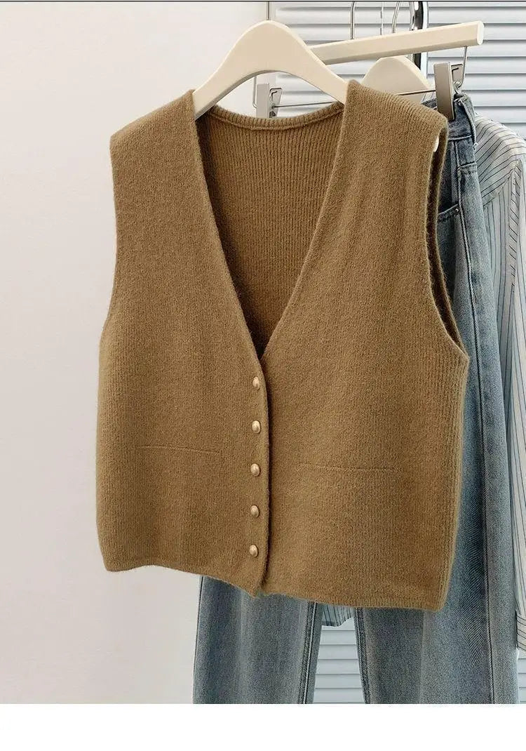 Women's Soft Knitted Vest  Women Casual Button Deep V-Neck Sleeveless Autumn  Pullover Simple Tank Tops Loose Knitwear  Tops