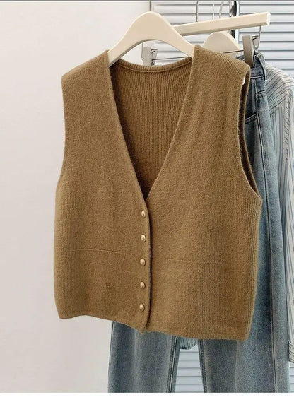 Women's Soft Knitted Vest  Women Casual Button Deep V-Neck Sleeveless Autumn  Pullover Simple Tank Tops Loose Knitwear  Tops