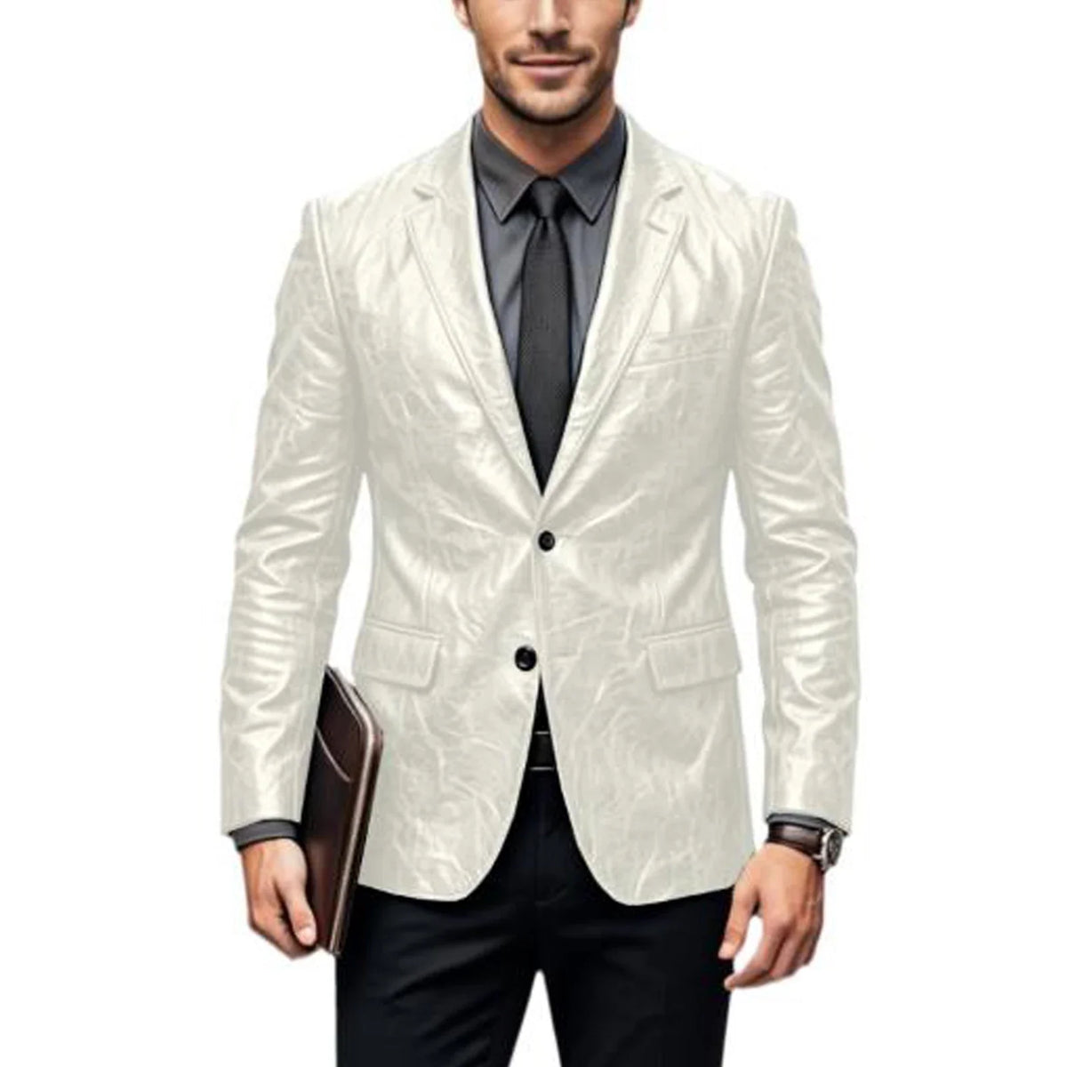 Vintage Wrinkled Men's PU Leather Blazer Slim Fit Notched Lapel Business Suit Jacket Two Button Casual Sport Coats for Office