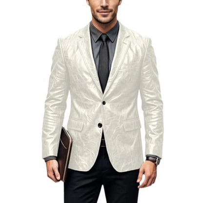 Vintage Wrinkled Men's PU Leather Blazer Slim Fit Notched Lapel Business Suit Jacket Two Button Casual Sport Coats for Office