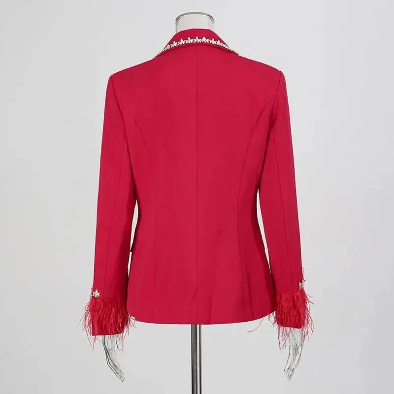 Women Blazer Studded Diamonds Patchwork Cuff Feather Single Button Slim Fit Elegant Jacket High-End Coat New Spring HK11098