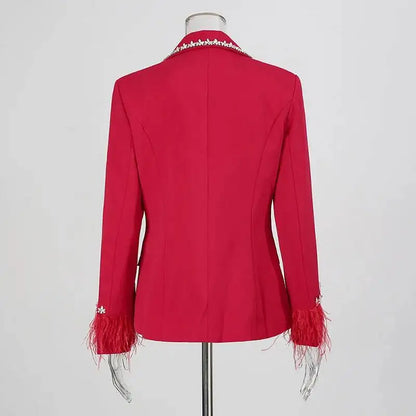 Women Blazer Studded Diamonds Patchwork Cuff Feather Single Button Slim Fit Elegant Jacket High-End Coat New Spring HK11098