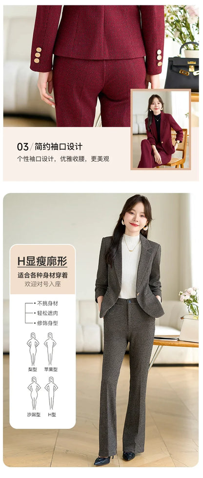 2024 Autumn Winter New Retro Plaid Woolen Blazer Coat And High Waist Flare Pant Two Piece Set Women's Suit Business Clothing