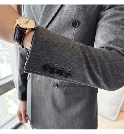 (Jacket+Pant) Fashion Double Breasted Design Men's Slim Fit Suits High Quality Italian Style Wedding Social Tuxedo Men Clothing