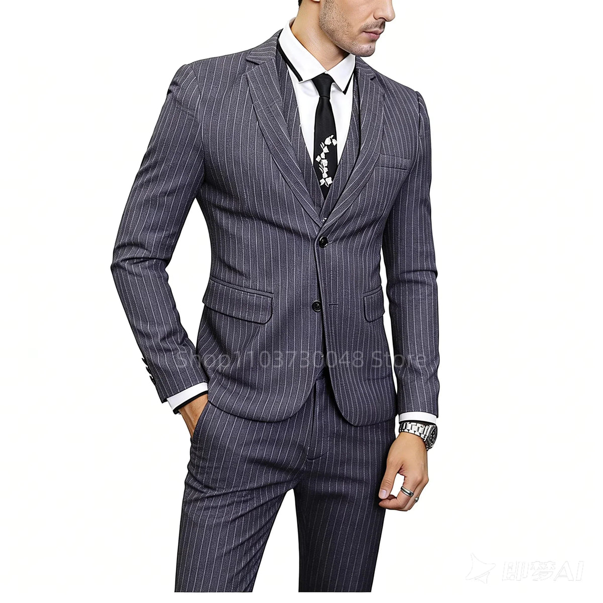 Gray Striped Men's Tuxedo 3 Piece Business Set with Notch Lapel Single Breasted Blazer Vest Pants Outfits for Wedding Party Prom