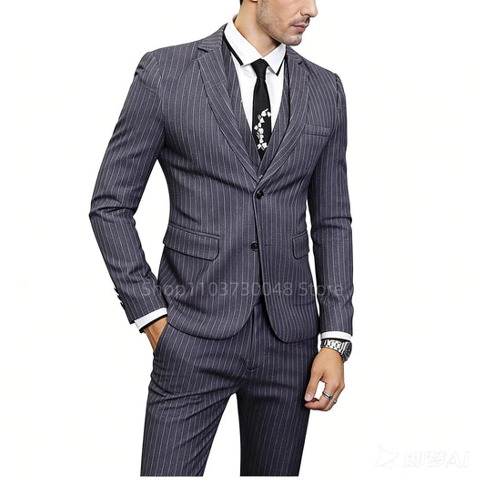 Costume de soirée 3 pièces pour homme, rayé gris, avec revers cranté, blazer droit, gilet et pantalon, pour mariage, fête, bal de promo