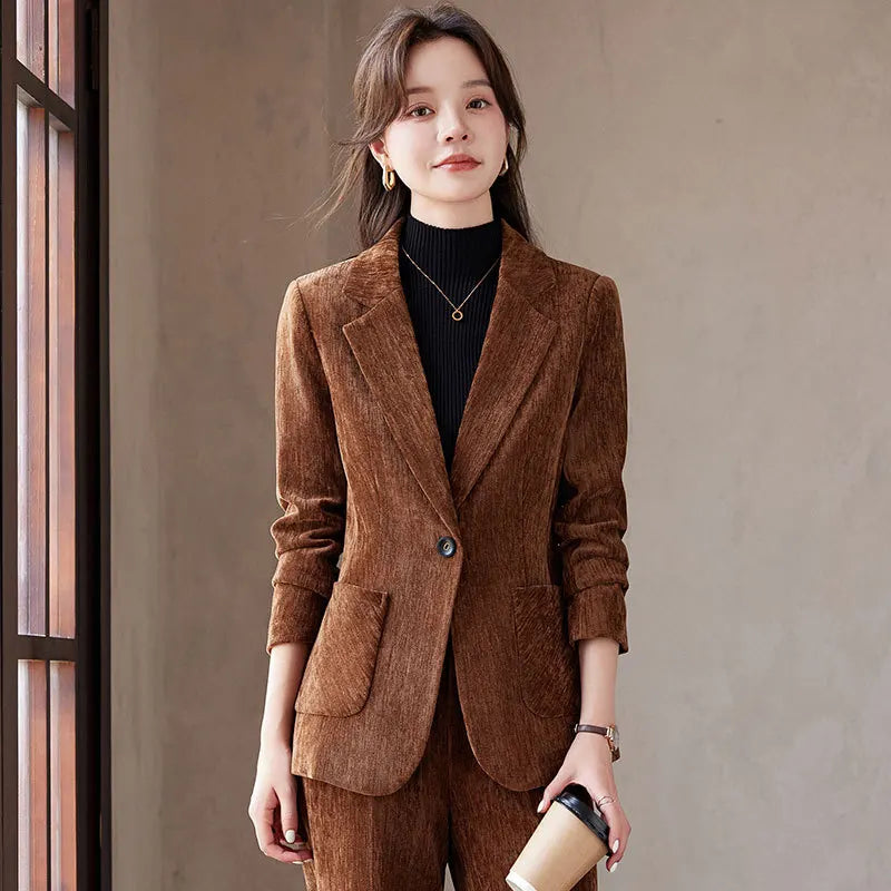2024 Autumn New Corduroy Elegant Pant Suit Ladies Formal Business Work Wear 2 Piece Set Black Coffee Jacket Blazer And Trouser