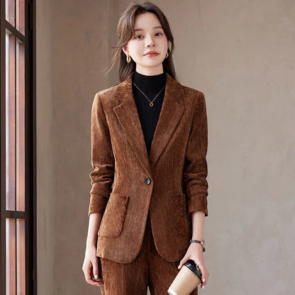 2024 Autumn New Corduroy Elegant Pant Suit Ladies Formal Business Work Wear 2 Piece Set Black Coffee Jacket Blazer And Trouser