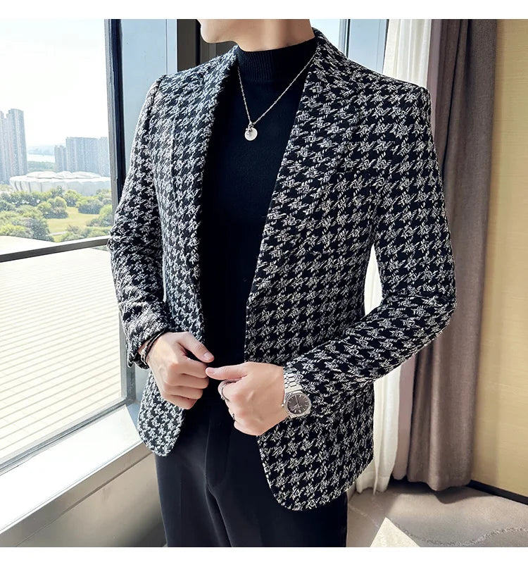 2023 Autumn Winter Plaid Men Blazers Thickened Casual Business Suits Jackets Single Buckle Wedding Groom Streetwear Social Coat