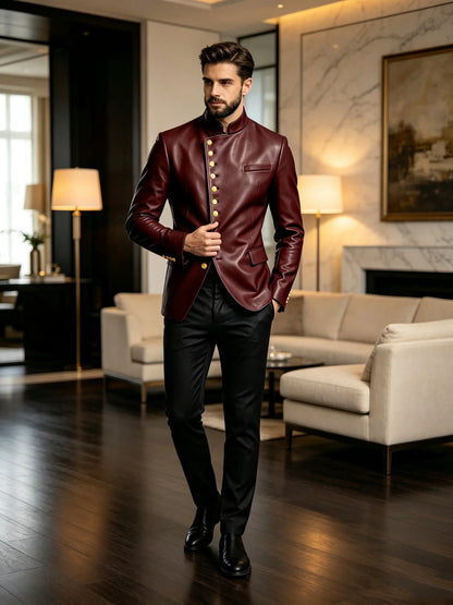 Luxury PU Men's Suit Blazer Single Breasted Stand Collar Slim Fit Leather Jacket Vintage High Quality Business Party Male Tuxedo