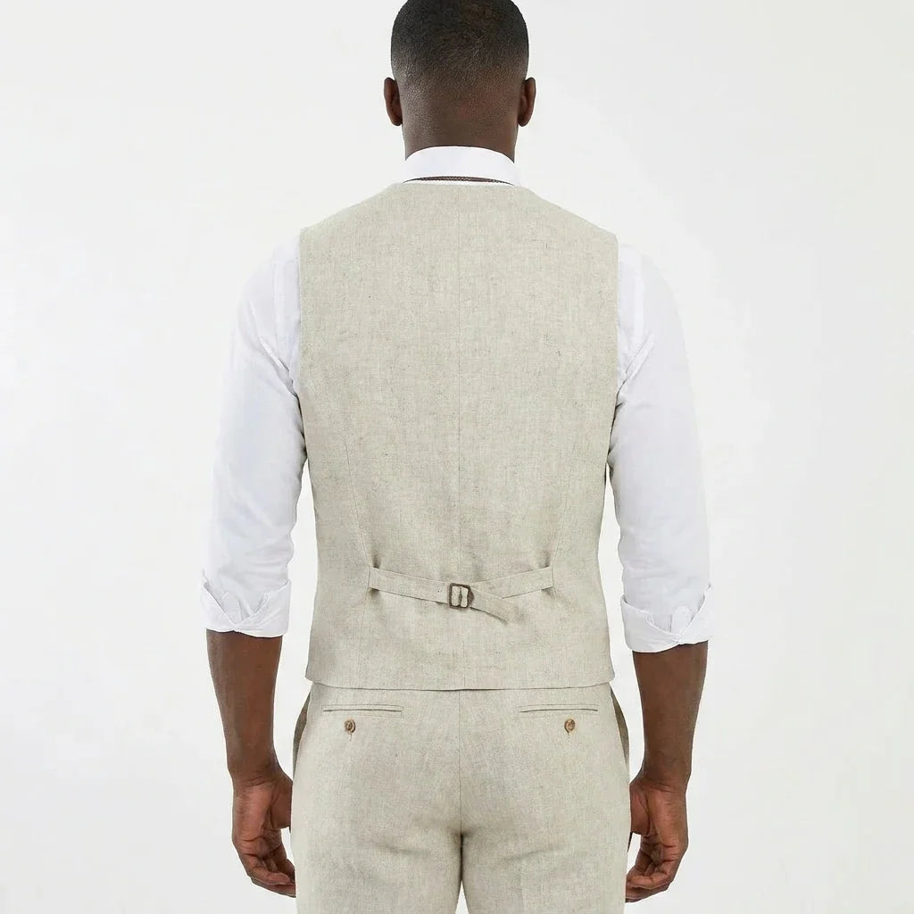Men's Linen Vest Waistcoat for Wedding & Party – Beige V-Neck Smart Casual