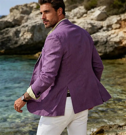 Men's Cotton Linen Blazer Solid Slim Fit Breathable Lightweight Casual Sport Coat One Button Lapel Suit Jacket for Daily Summer