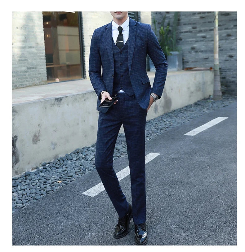 Men's Autumn Winter Trendy Three-Piece Suit Set Slim Fit Stylish Vest Trousers Ensemble Handsome Personality Wardrobe Essential
