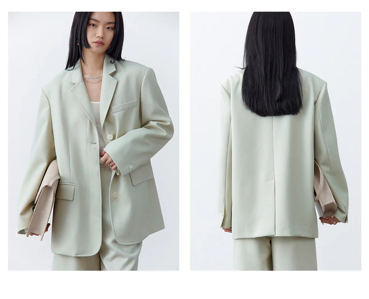 Fashion Women Woolen Blazers Solid Loose Casual Single-breasted Twill Suit Coat Office Ladies Jacket Spring Summer 2026