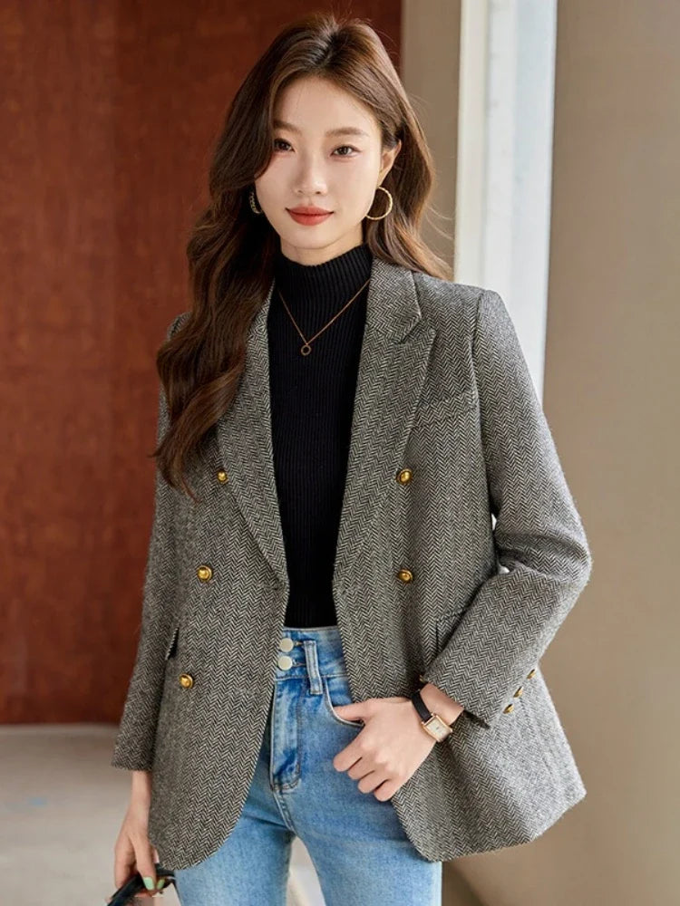 Fashion Grey Blazer Women Coffee Long Sleeve Casual Jacket for Autumn Winter Female Coats Double-Breasted Suit Women’s Clothing