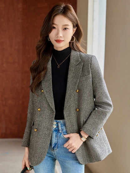 Fashion Grey Blazer Women Coffee Long Sleeve Casual Jacket for Autumn Winter Female Coats Double-Breasted Suit Women’s Clothing