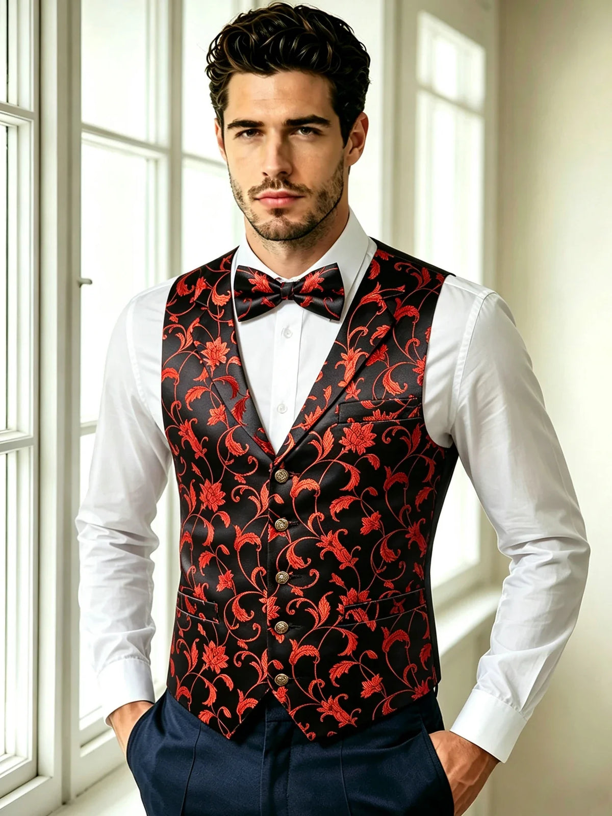 Men's Red Jacquard Floral Vest Notched Lapel Collar – Formal Waistcoat & Bowtie Set