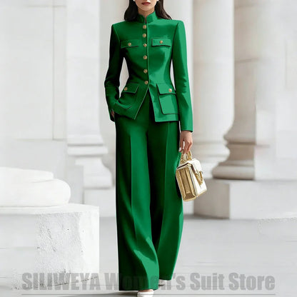Women's Ivory Suit Mandarin Collar 2 Piece Military Style Gold Buttons Blazer Wide Leg Pants Wedding Party Prom Lady Suits