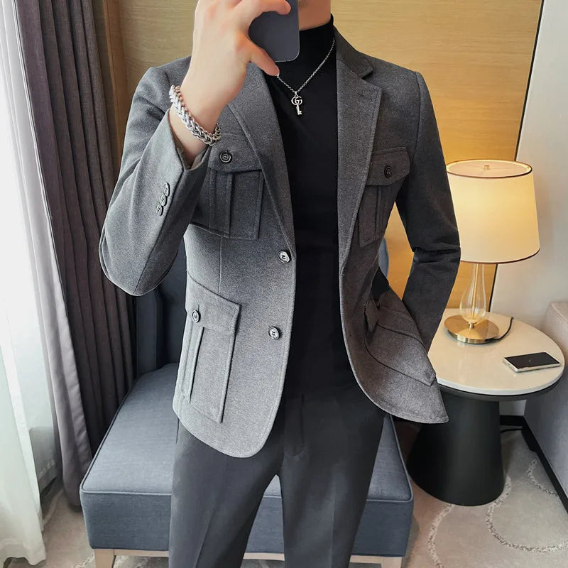 Winter Woolen Suit Jacket for Men Multiple Pockets Slim Fit Casual Business Blazers Masculino Wedding Streetwear Social Coats