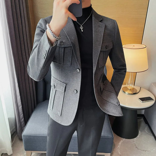Winter Woolen Suit Jacket for Men Multiple Pockets Slim Fit Casual Business Blazers Masculino Wedding Streetwear Social Coats