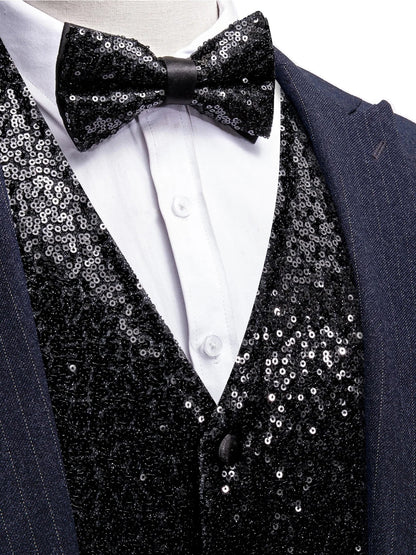 Men's Vest and Bow Tie Set – Silver-Gray Sequin – Party, Stage & Nightclub Wear